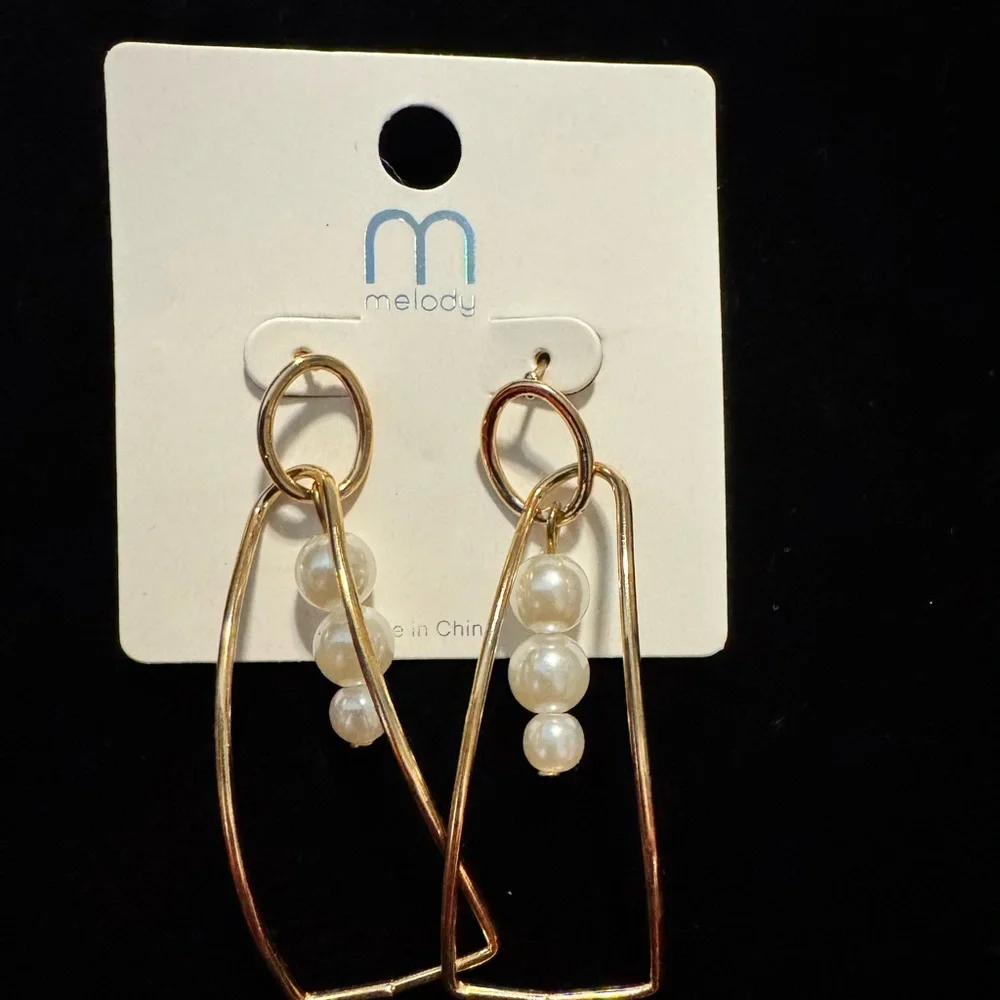Gold Geometric Pearl Drop Earrings Abstract Dangle Earrings - Picture 2 of 5